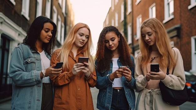 IA générative de jeunes femmes et de leurs copains debout et utilisant des smartphones