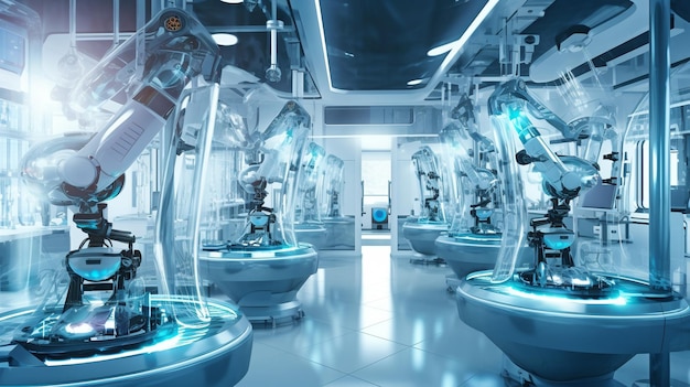 IA générative et un laboratoire futuriste avec des bras de robot fonctionnels