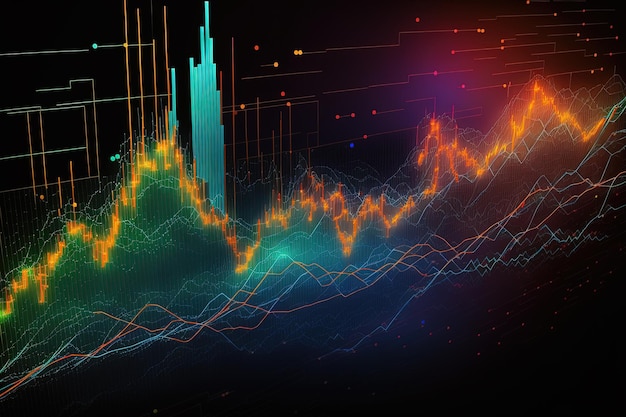 L'IA générative, les lignes du graphique boursier, le graphique financier sur fond abstrait technologique représentent