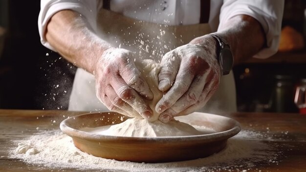 L'IA générative Les mains du boulanger dans le restaurant ou la cuisine à domicile préparent des pâtisseries écologiquement naturelles ou du pain