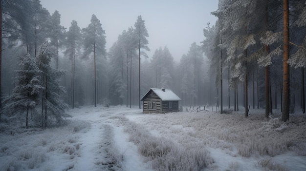 IA générative une maison solitaire dans une forêt de pins en hiver