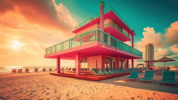 L'IA générative de Miami Summer Vibes illustration rétro des bâtiments de couleurs roses et bleues vintage