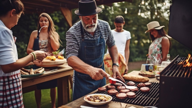 L'IA générative montre un cuisinier de barbecue servant des repas à sa famille et à ses amis assis à une table