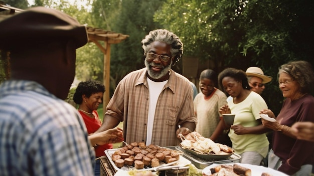 L'IA générative montre un cuisinier de barbecue servant des repas à sa famille et à ses amis assis à une table