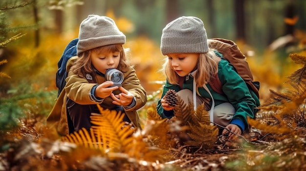 L'IA générative montre deux jeunes enfants avec des sacs à dos regardant à travers une loupe un cône de sapin dans une forêt