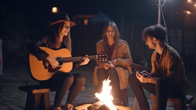 L'IA générative montre un groupe d'individus s'amusant assis autour d'un feu de joie la nuit jouant de la guitare en chantant et en plaisantant