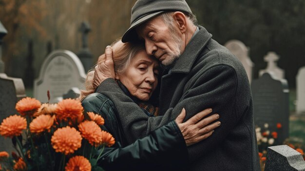 L'IA générative montre un homme âgé portant des fleurs et consolant une femme émotive au milieu de pierres tombales