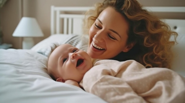 L'IA générative montre une nouvelle mère joyeuse tenant son magnifique enfant allongé sur le lit