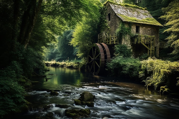 IA générative un moulin à eau sur une rivière dans les montagnes