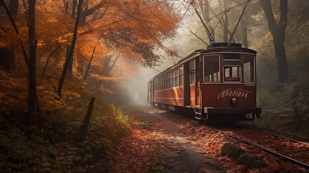 L'IA générative parcourt une forêt automnale tout en conduisant un tramway étrange