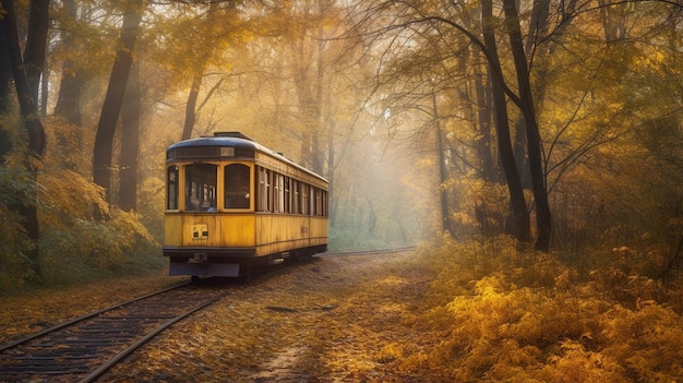 L'IA générative parcourt une forêt automnale tout en conduisant un tramway étrange