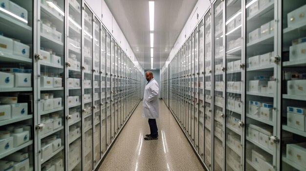 Photo l'ia générative et un pharmacien dans une installation de stockage