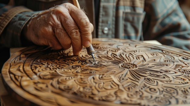 Photo l'ia générative rapproche les mains d'un sculpteur de bois âgé au travail, fabriquant à la main de beaux ornements en bois.