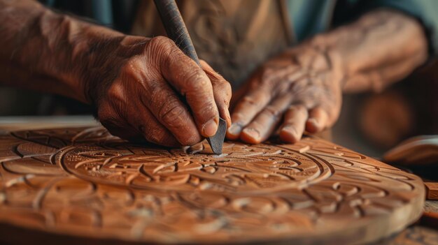 Photo l'ia générative rapproche les mains d'un sculpteur de bois âgé au travail, fabriquant à la main de beaux ornements en bois.