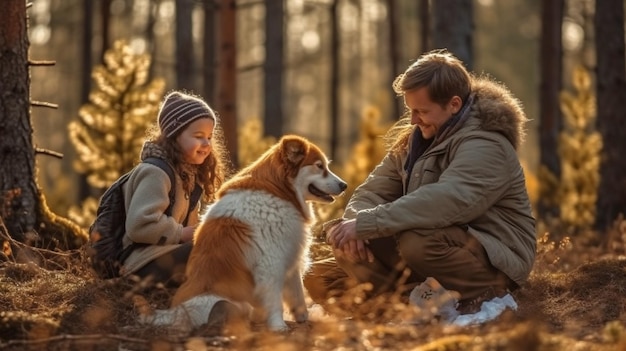 L'IA générative représente une famille satisfaite et son chien profitant d'un moment paisible dans la forêt