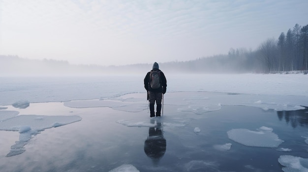 Photo l'ia générative représente un homme sur un lac de glace en hiver