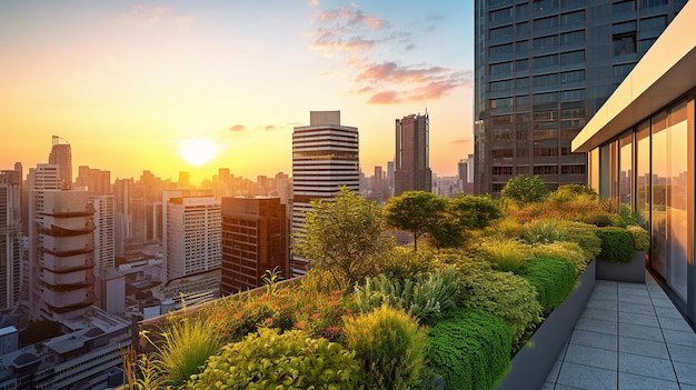 L'IA générative représente un jardin sur un toit vert au coucher du soleil sur une tour dans une grande ville