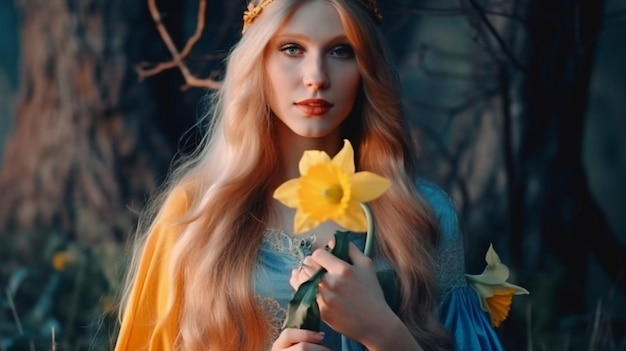L'IA générative représente le portrait d'une jeune femme portant une couronne de laurier en or et assise dans un jardin entre des roses en fleurs et des hortensias