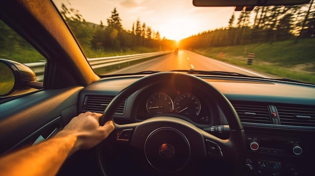 IA générative un road trip d'été un homme tenant le volant et le soleil couchant