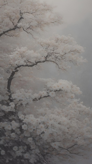 L'IA a généré l'art chinois de l'arbre à fleurs de neige dans la montagne brumeuse