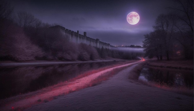 L'IA a généré un chemin extérieur sombre du château la nuit.