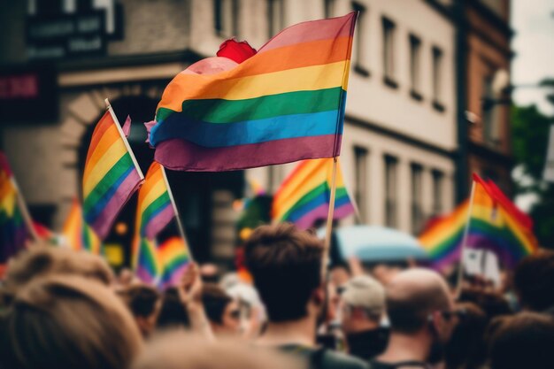 L'IA a généré des drapeaux arc-en-ciel en gros plan de la communauté LGBT soufflant dans le vent dans la rue du défilé gay