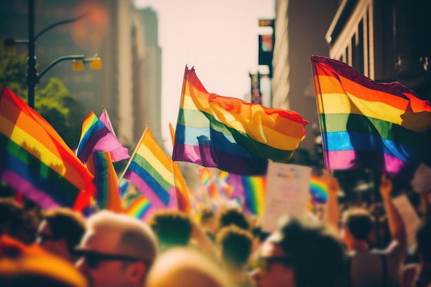 L'IA a généré des drapeaux arc-en-ciel en gros plan de la communauté LGBT soufflant dans le vent dans la rue du défilé gay