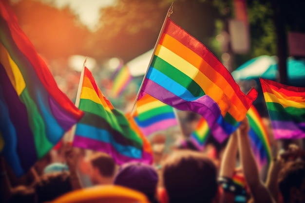 L'IA a généré des drapeaux arc-en-ciel en gros plan de la communauté LGBT soufflant dans le vent dans la rue du défilé gay