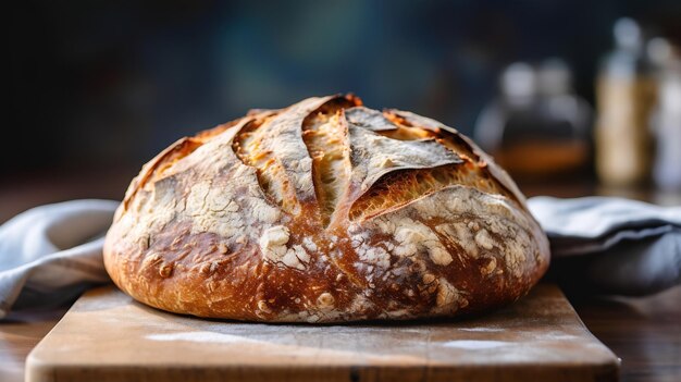 Une IA a généré du pain de levane rustique sur une planche à couper en bois dans la cuisine.