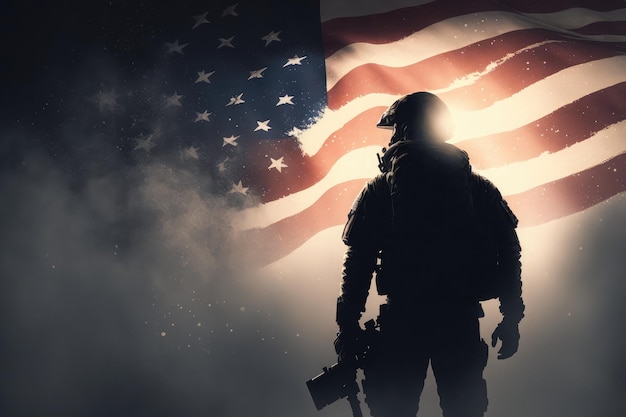 L'IA a généré un homme patriote héros américain sur fond de drapeau américain sombre soufflant du vent