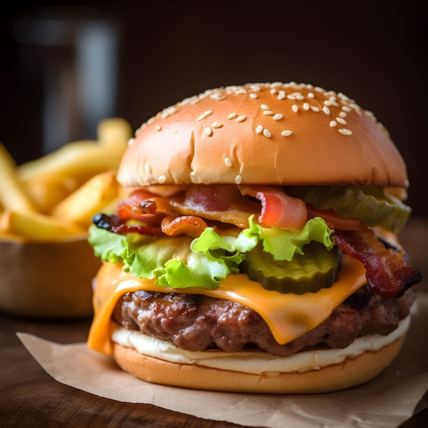 L'IA a généré une illustration d'un délicieux hamburger, avec des frites brun doré à côté.