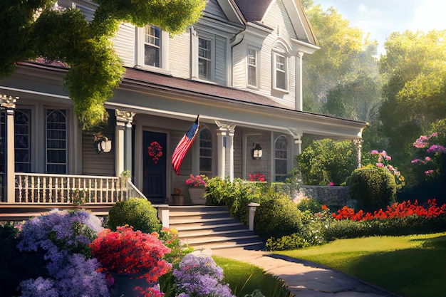 L'IA a généré l'illustration d'une maison avec un beau jardin plein de fleurs en fleurs et le drapeau américain