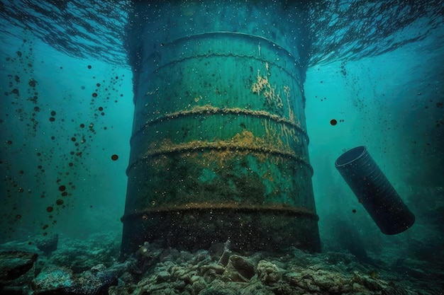 Photo l'ia a généré une illustration de la pollution environnementale du baril de déchets de mazout sous l'eau dans l'océan