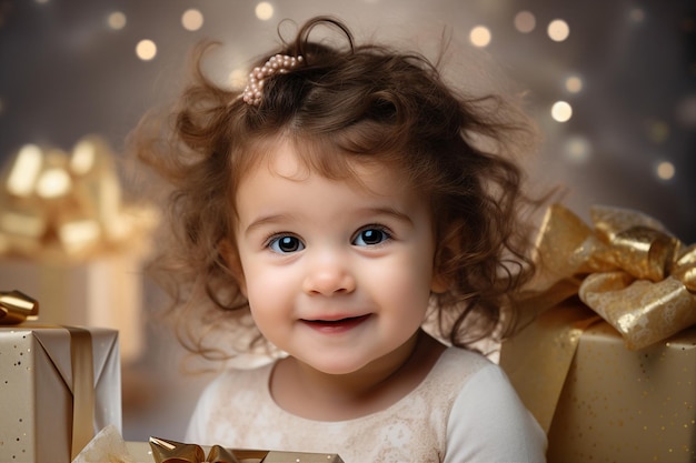 L'IA a généré une image photo d'un enfant heureux et souriant avec des lumières de Noël en arrière-plan.