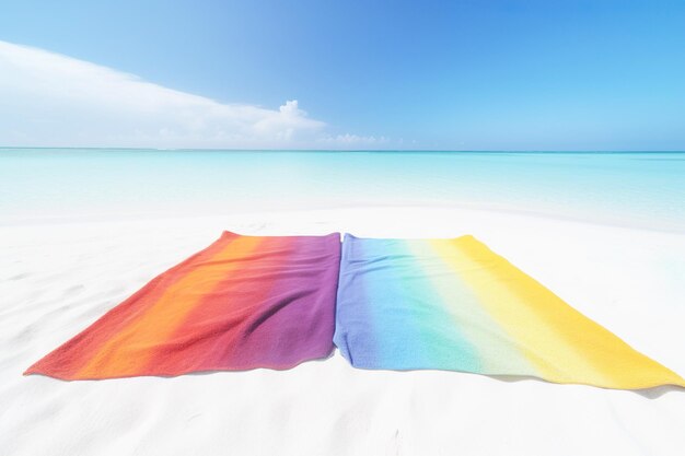 L'IA a généré une image de serviettes dans les couleurs de l'arc-en-ciel sur une plage parfaite