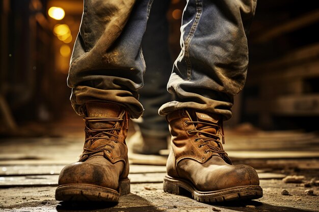 L'IA a généré une photo rapprochée d'un ouvrier en chaussures sales.