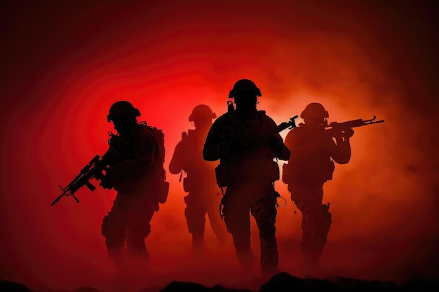 L'IA a généré des silhouettes de soldats de l'armée attaquant en fumée contre l'équipe de marines du coucher du soleil en action