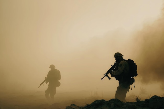 L'IA a généré des silhouettes de soldats de l'armée attaquant en fumée contre l'équipe de marines du coucher du soleil en action