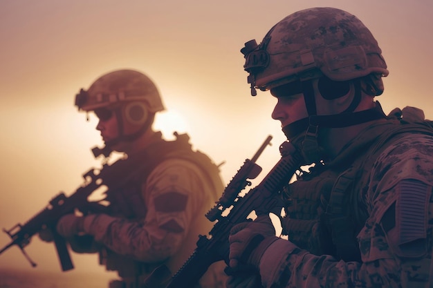 Photo l'ia a généré des silhouettes de soldats de l'armée attaquant en fumée contre l'équipe de marines du coucher du soleil en action