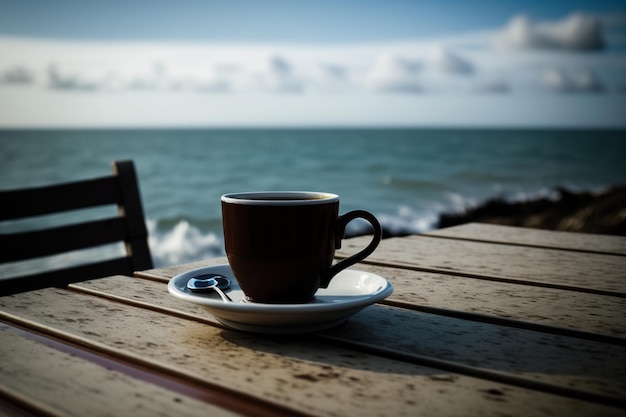 L'IA a généré une tasse de café sur une table au bord de la mer