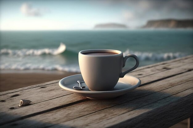 L'IA a généré une tasse de café sur une table au bord de la mer