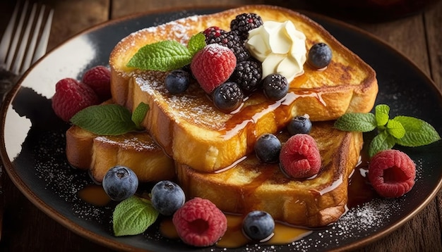 L'IA a généré des toasts savoureux pour le petit-déjeuner au restaurant avec différentes tartinades de beurre et de fruits sur l'assiette