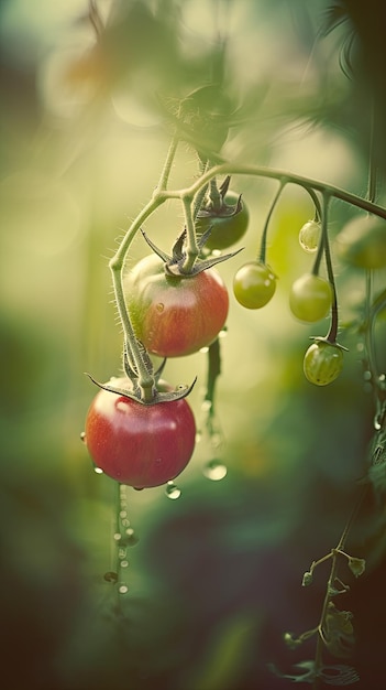 L'IA a généré des tomates sur une branche dans le jardin Mise au point sélective
