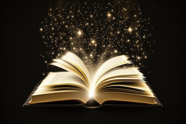 L'IA a généré un vieux livre de lueurs ouvertes magiques avec des rayons de bokeh étincelants brillants aux pages