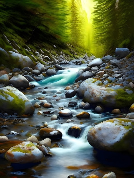 L'IA de la photographie à exposition lente de l'eau qui coule de la rivière montagneuse