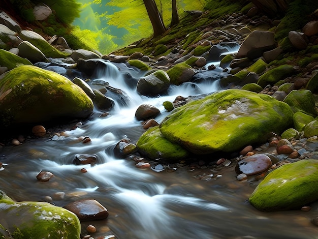 L'IA de la photographie à exposition lente de l'eau qui coule de la rivière montagneuse