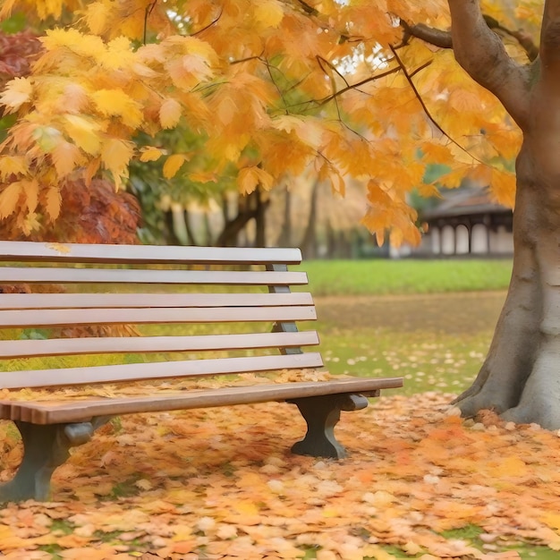 IA d'un plan rapproché d'un banc en bois à côté d'un immense arbre d'automne dont les feuilles tombent