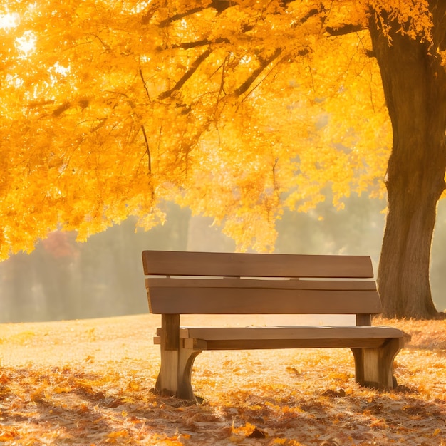 IA d'un plan rapproché d'un banc en bois à côté d'un immense arbre d'automne dont les feuilles tombent