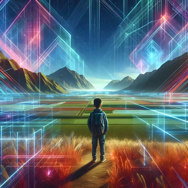 L'IA de quelqu'un se tient à côté d'un champ vide des structures de néon abstraites dans le paysage multidimensionnel