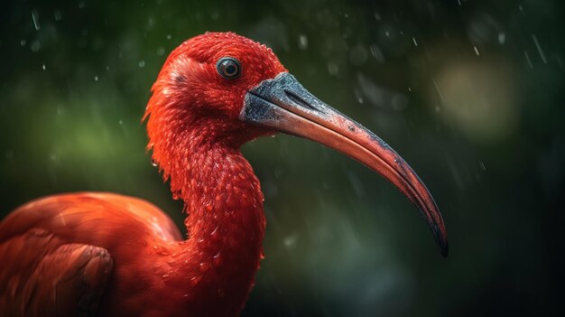 Un ibis rouge avec un long bec se dresse sous la pluie.